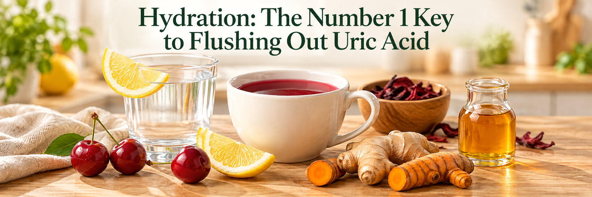 Lemon water, hibiscus tea, cherries and ginger on a kitchen table