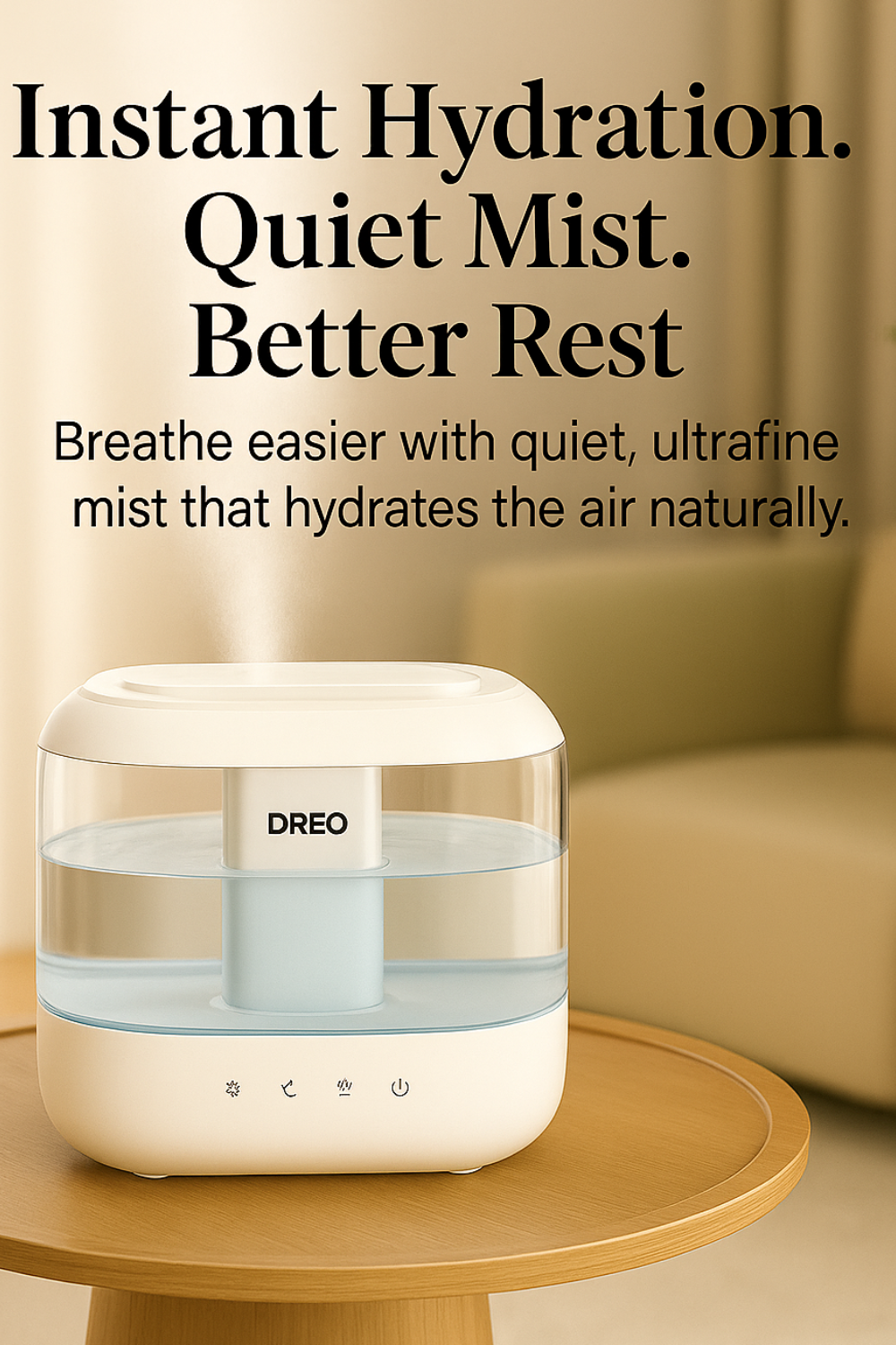 White humidifier on a wooden table with ad text: “Instant Hydration. Quiet Mist. Better Rest.”