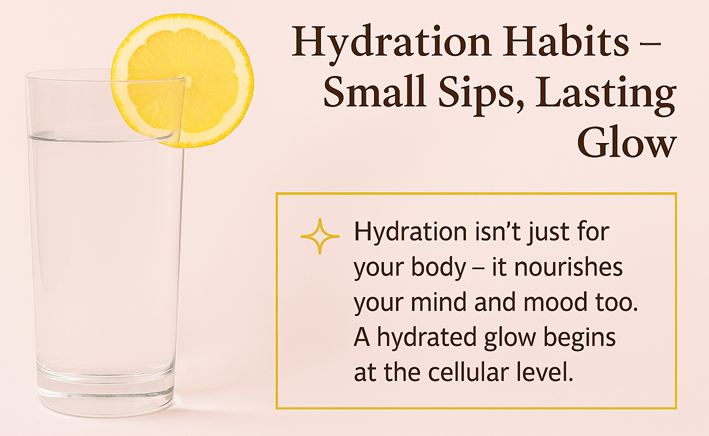 Glass of water with lemon slice beside text: “Hydration Habits – Small Sips, Lasting Glow.”