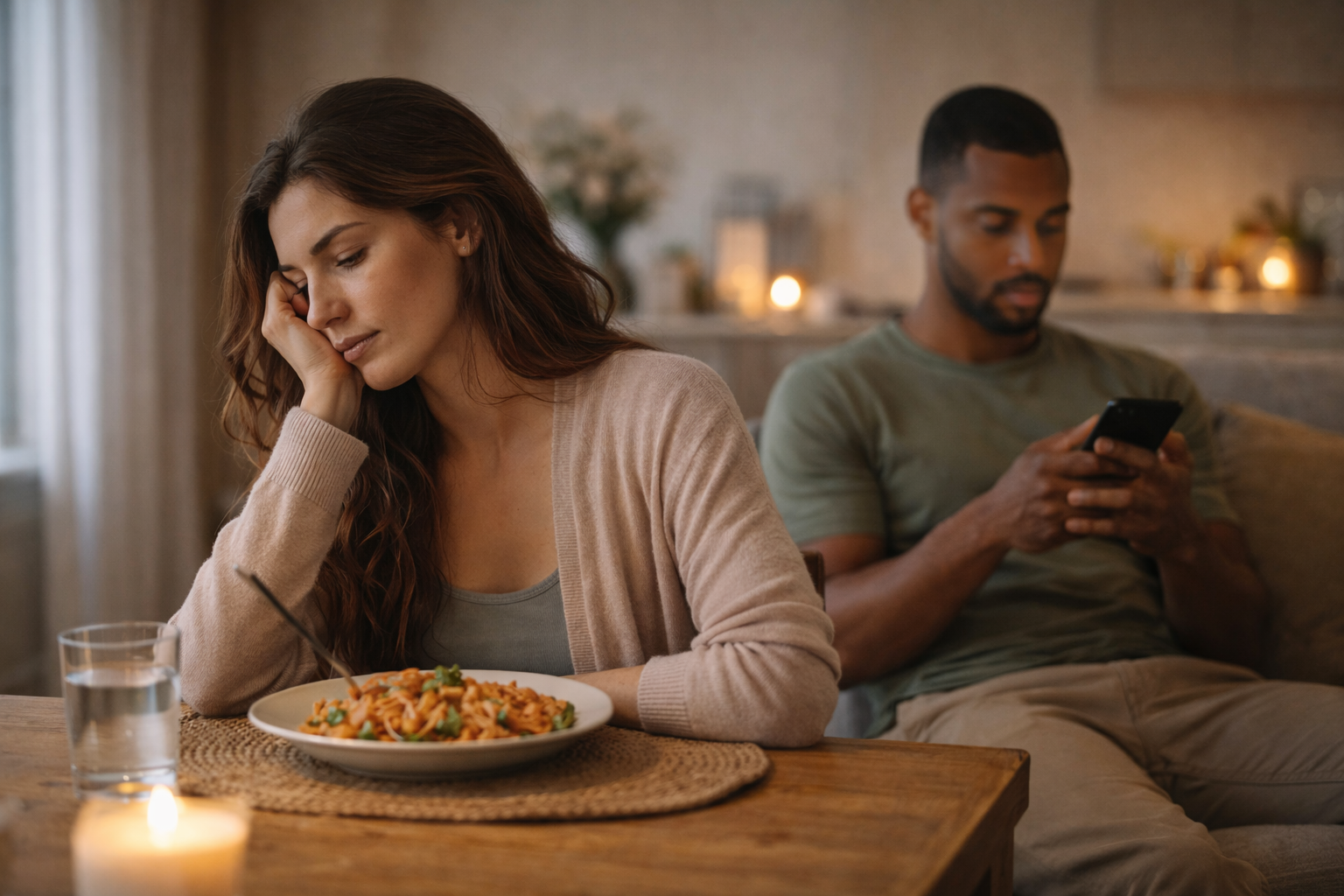 Woman sits at a table with a plate of food while a man in the background looks at his phone.