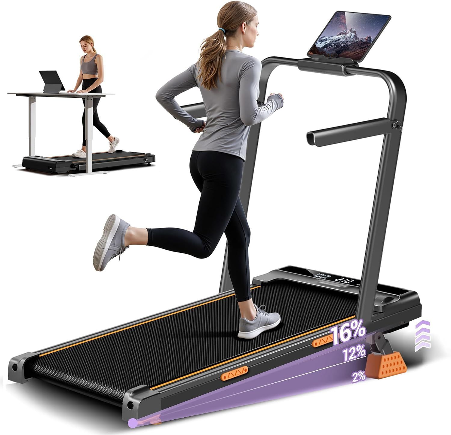 BESTGOD compact under-desk walking pad treadmill, black with remote control and display panels