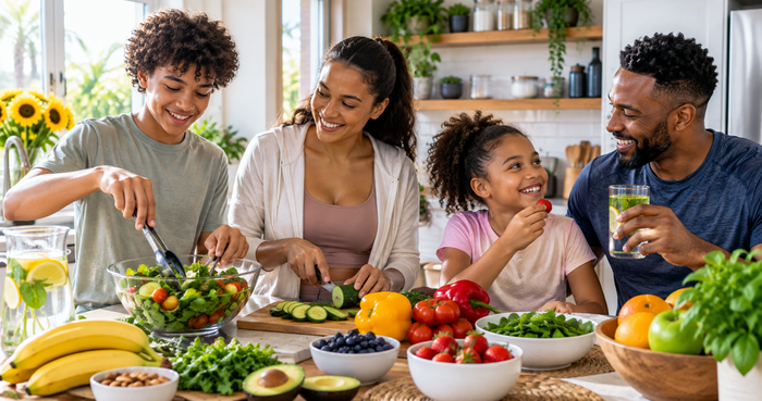 a healthy meal with fresh fruits and vegetables for nutrition, hydration and everyday wellness.