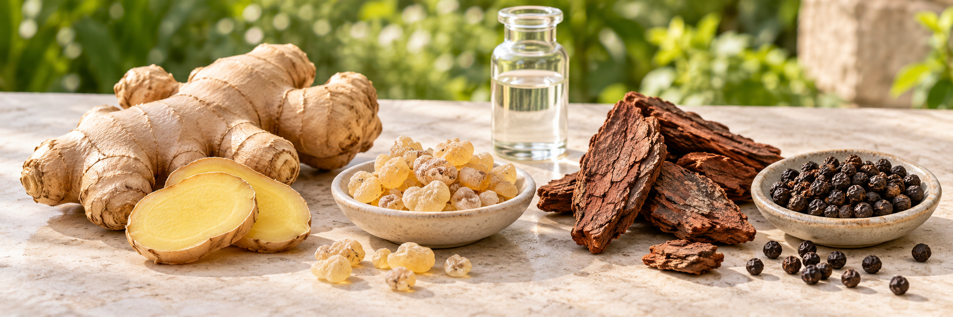 Ginger root, frankincense resin, pine bark and black peppercorns arranged on a sunlit stone surface