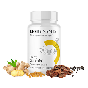 Biodynamix Joint Genesis supplement bottle with ginger, herbs, and peppercorns on a white background
