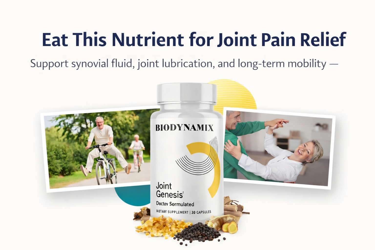 Joint pain relief supplement ad with can, active couple photos, and text about synovial fluid and mobility