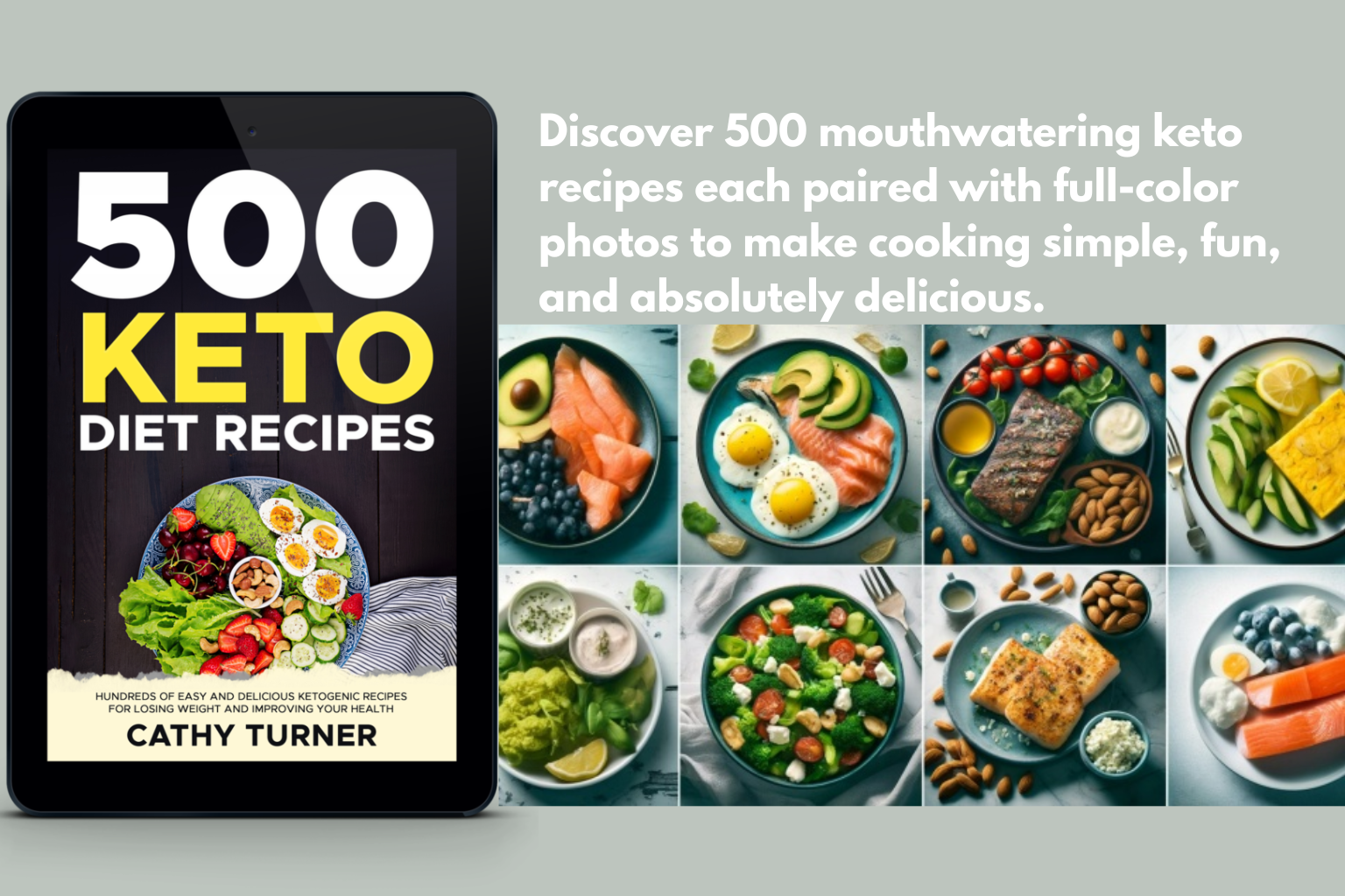 500 Keto Diet Recipes ebook cover beside collage of colorful keto dishes with promotional text