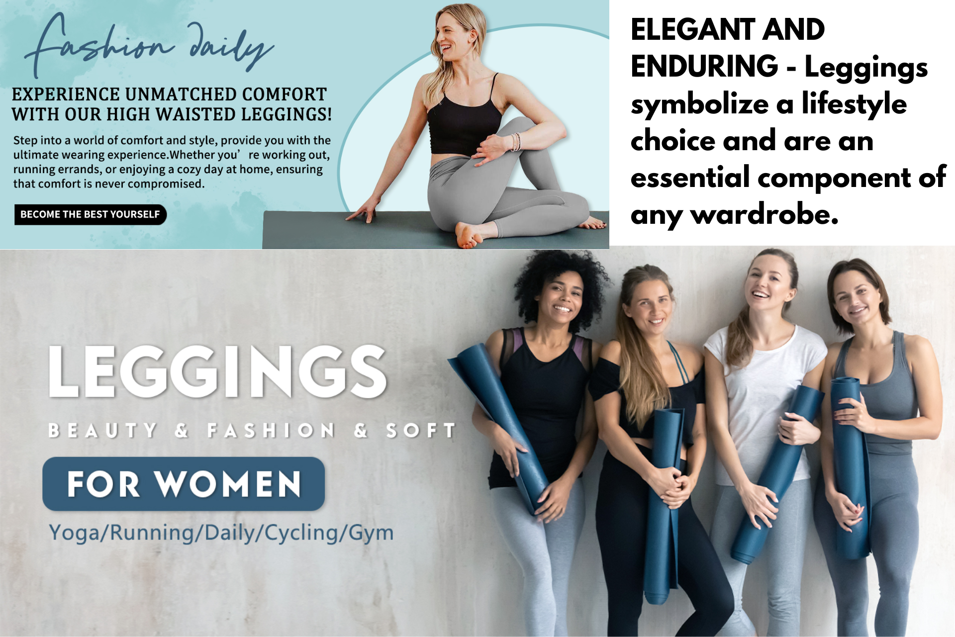 Women modeling leggings in a fashion ad with text about comfort, elegance, and everyday wear
