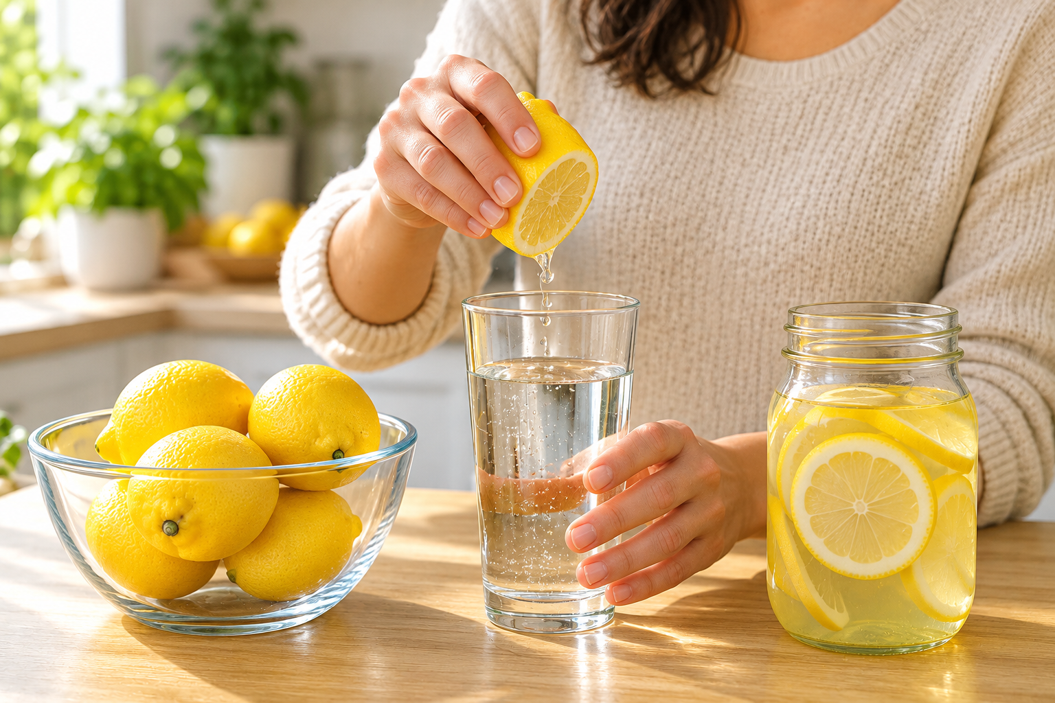 Woman squeezing lemon into a glass of water