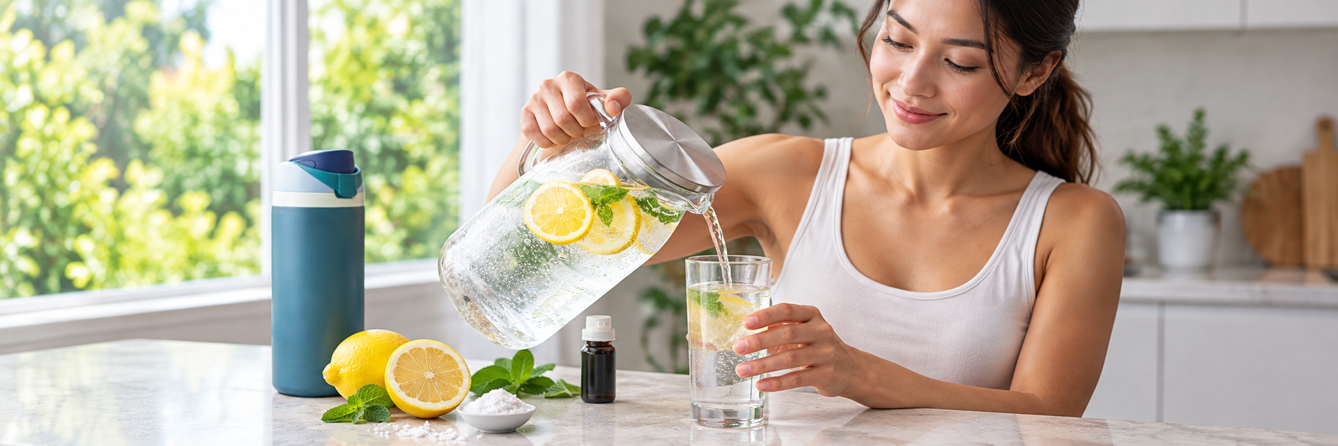Woman pouring lemon mint water into glass beside reusable bottle.