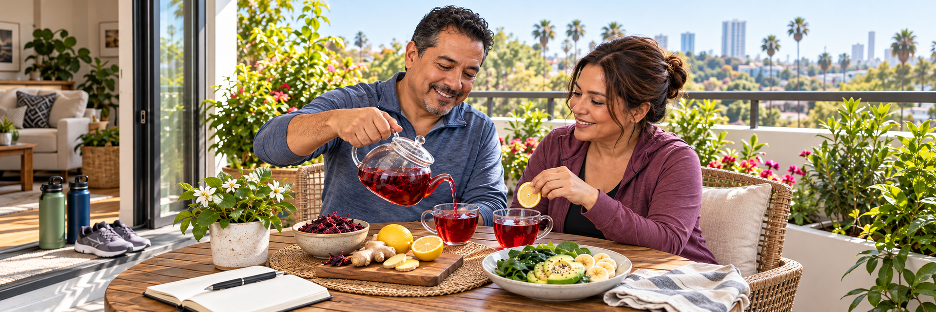 Couple enjoying hibiscus, ginger and lemon tea at home