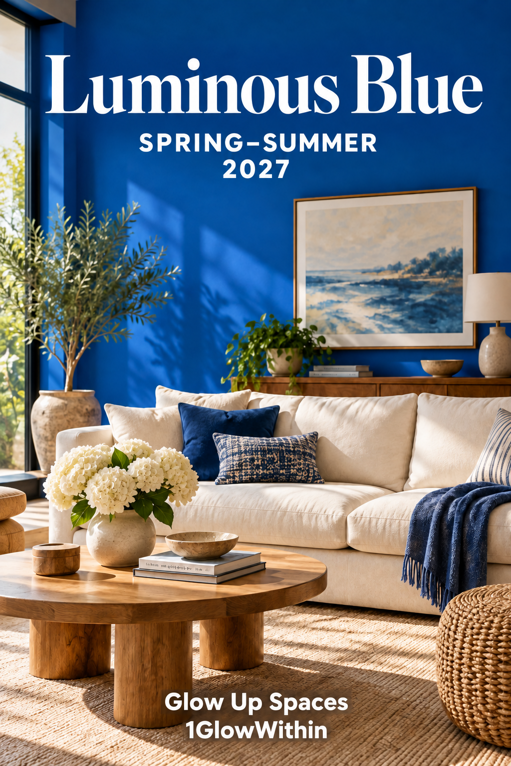 Luminous Blue living room with warm neutral furnishings