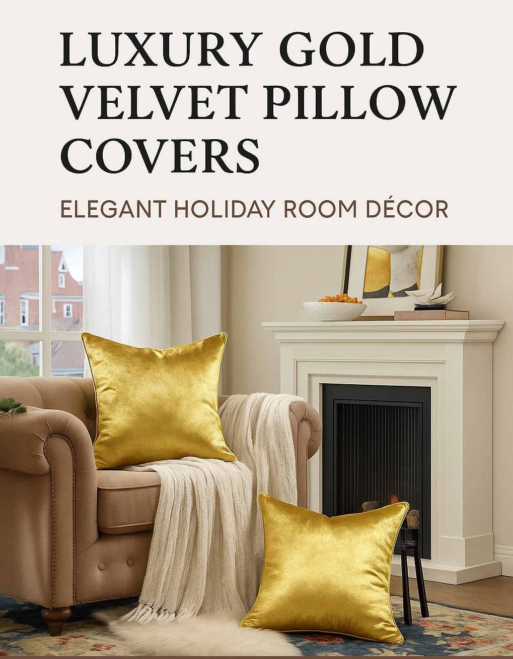Gold velvet pillow covers on a beige sofa in a cozy living room, with holiday decor and fireplace background