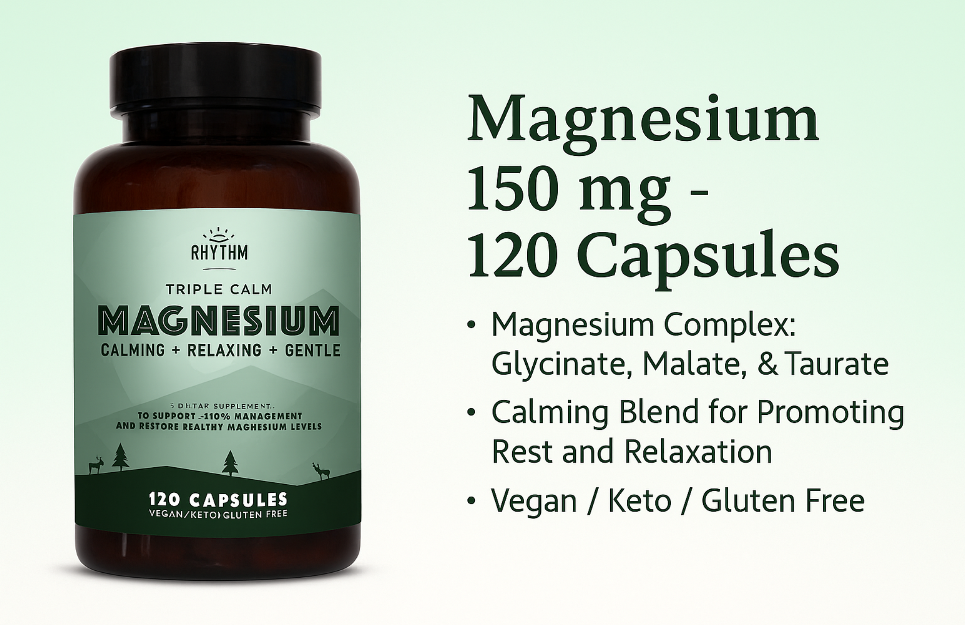 Magnesium supplement bottle with text: 150 mg, 120 capsules, calming blend, vegan/keto/gluten free