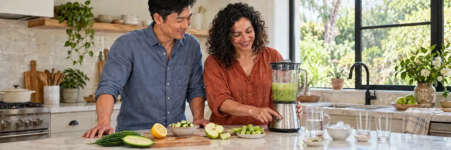 Couple blending a fresh green juice in a sunny kitchen