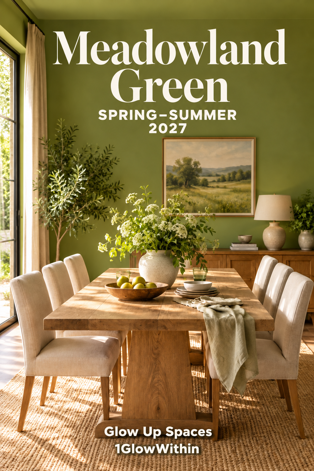 Meadowland green dining room with oak table and chairs