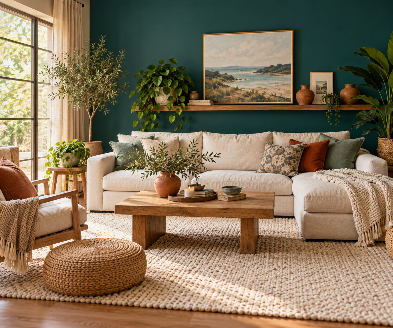 Calm teal and ivory living room with soft natural light