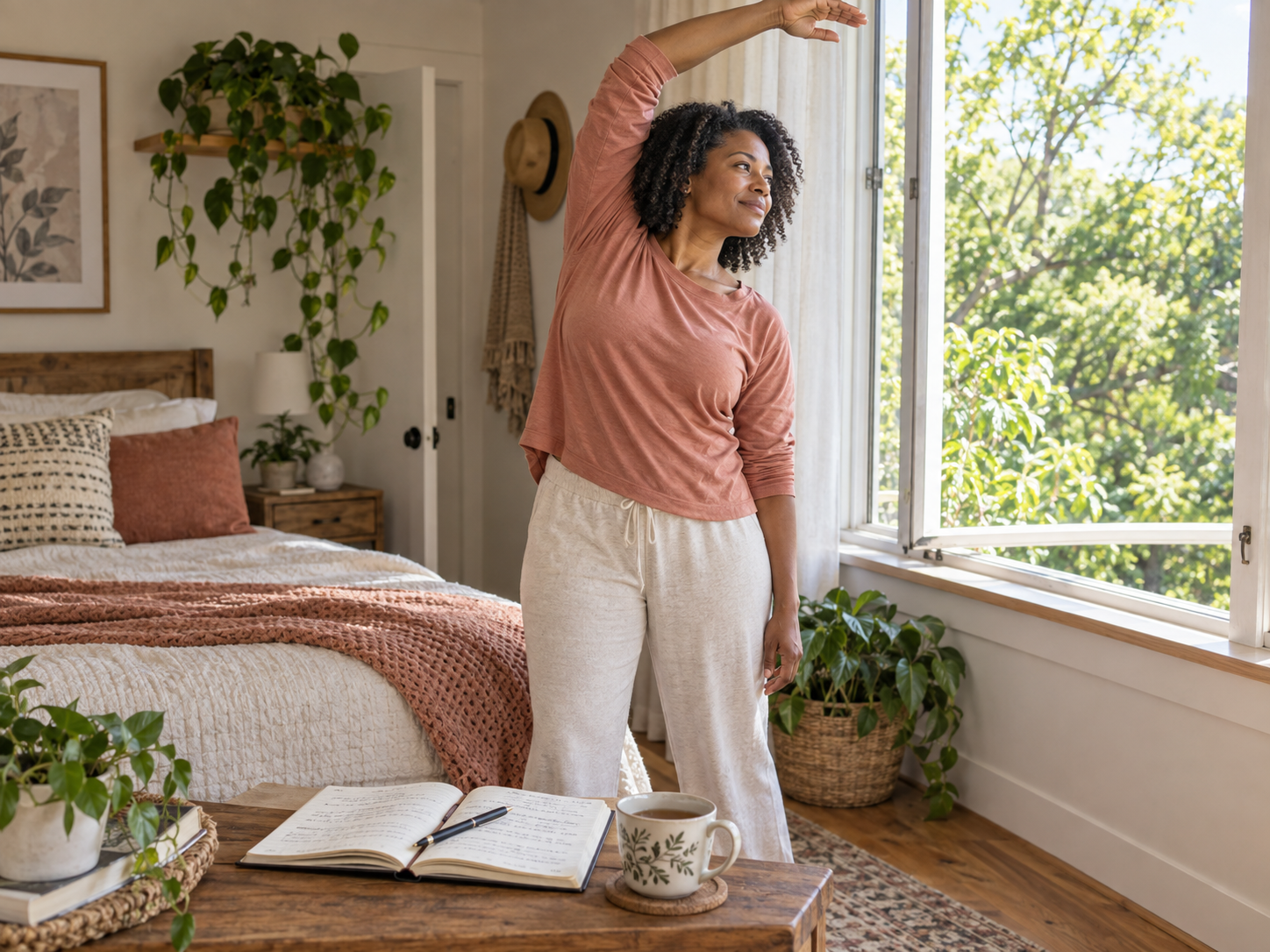 Woman stretching beside an open gratitude journal during a mindful morning wellness routine.