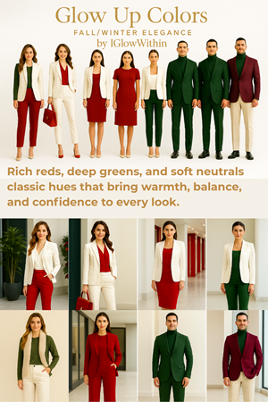 Glow Up Colors style guide with red, green, and white outfits on a beige background
