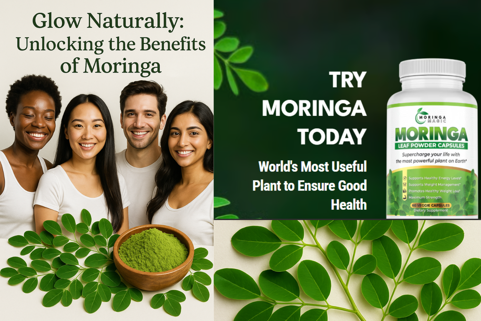 Moringa supplement ad with smiling people, green leaves, and bottle labeled “Try Moringa Today”