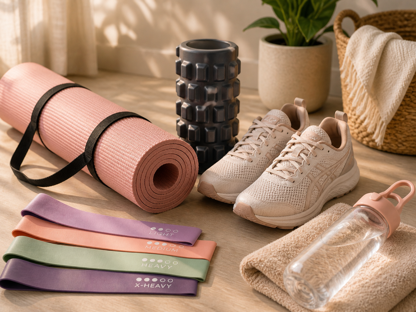 Yoga mat, foam roller, sneakers, water bottle, and resistance bands on a light tabletop.