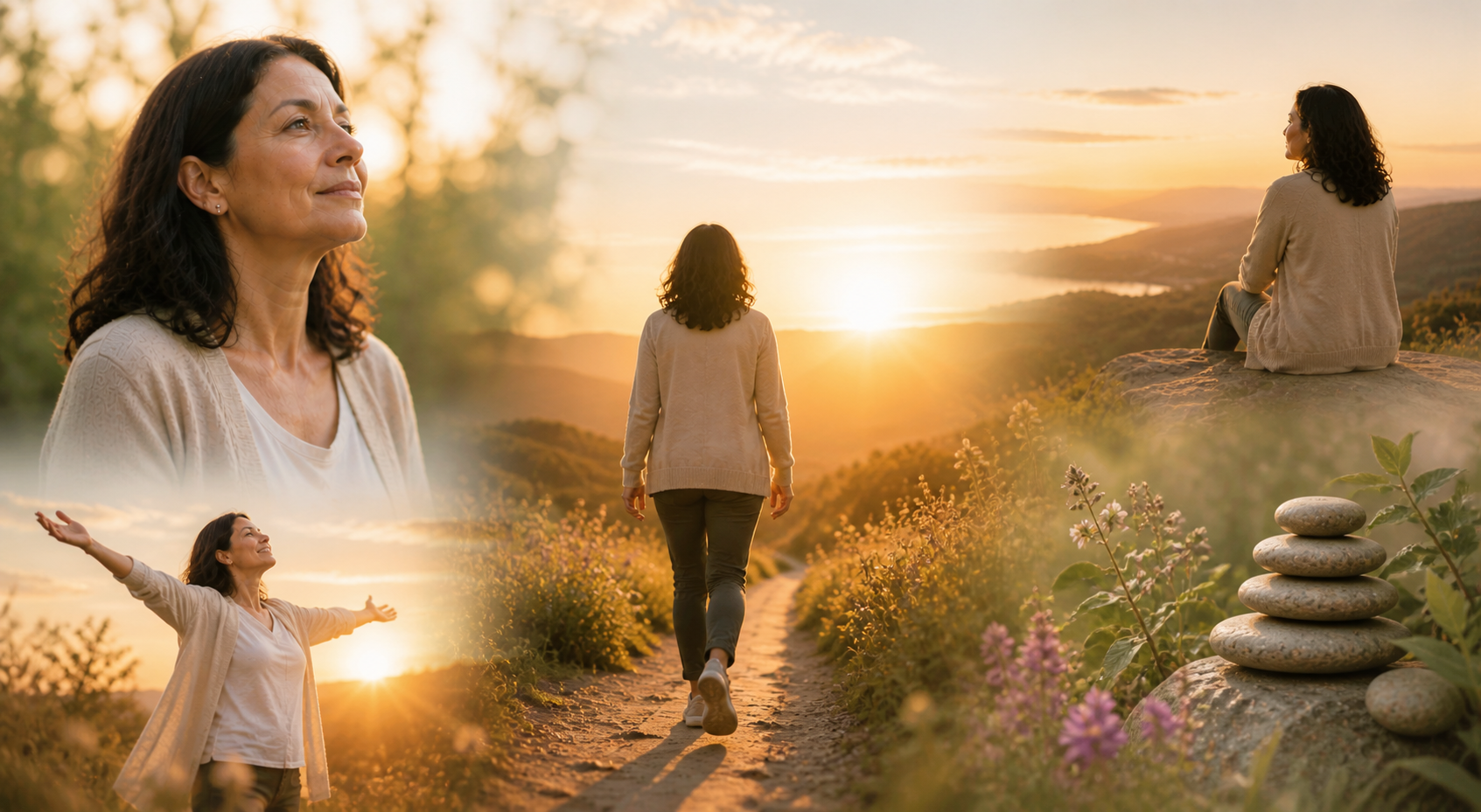 Woman in a sunlit meadow at sunset, with a path, wildflowers, and stacked stones in the foreground
