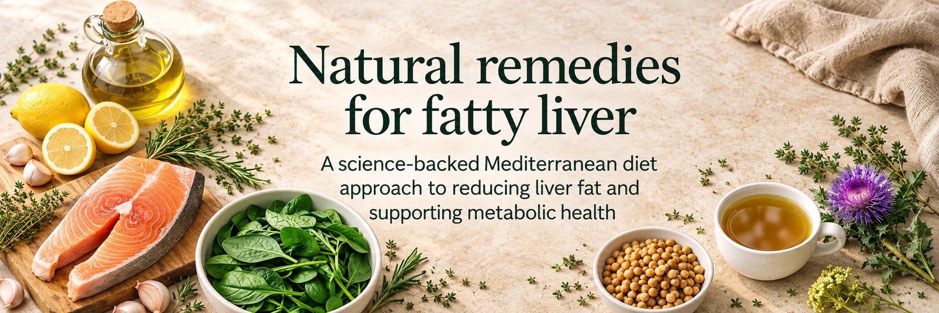 Mediterranean foods for fatty liver – salmon, olive oil, spinach, lemon and chickpeas