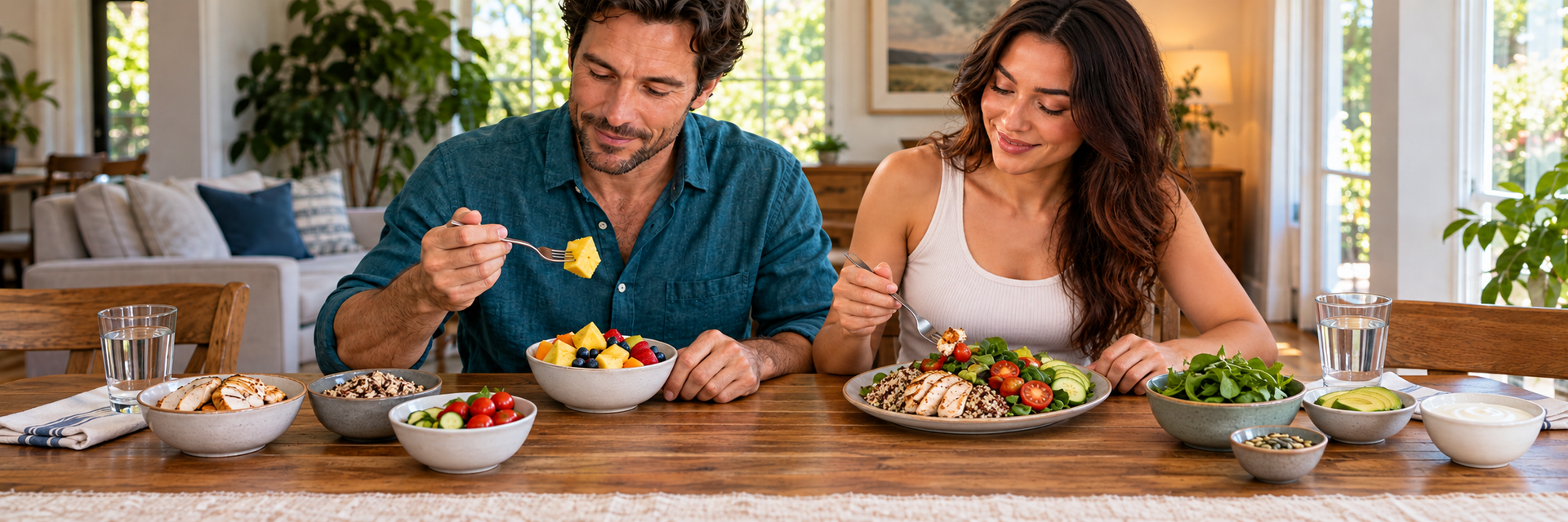 Man eating fruit and woman enjoying a balanced meal, with individual bowls of nutritious foods.