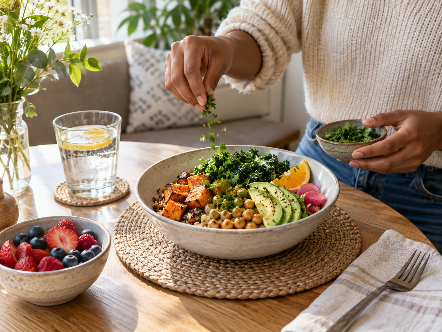Colorful balanced meal with vegetables, chickpeas, avocado, berries and lemon water