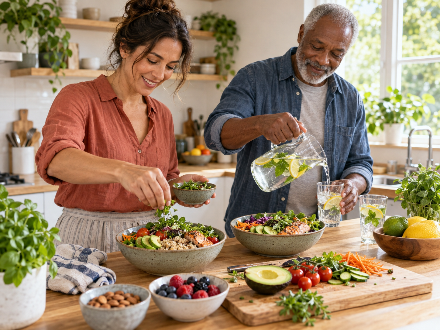 Adults preparing balanced whole-food bowls and lemon water for a healthy nutrition routine.