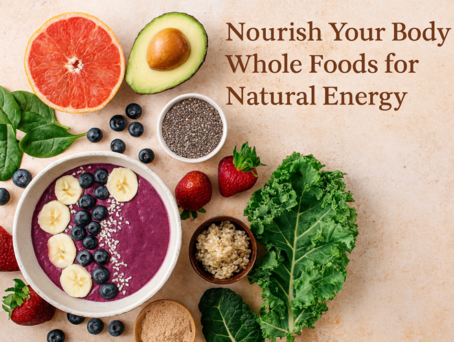Whole foods arranged around a smoothie bowl with text: “Nourish Your Body, Whole Foods for Natural Energy”