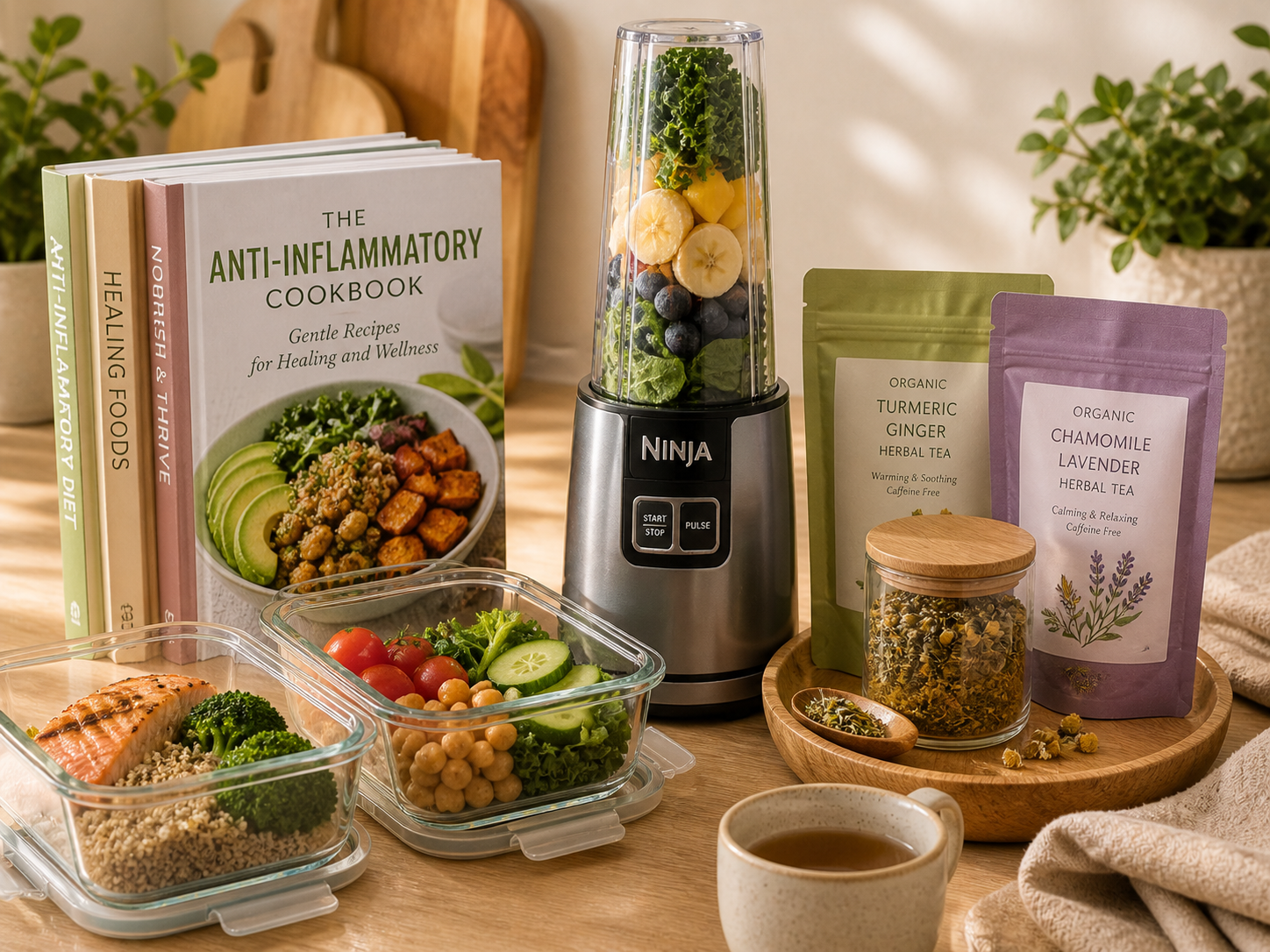 Meal-prep cookbook with Ninja blender, lunch boxes, jars of grains and veggies on a sunlit kitchen counter