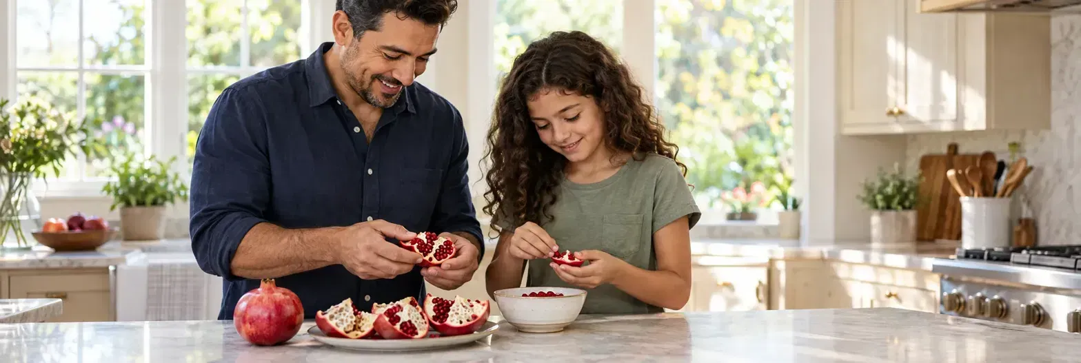 Dad and daughter separating pomegranate seeds in the kitchen