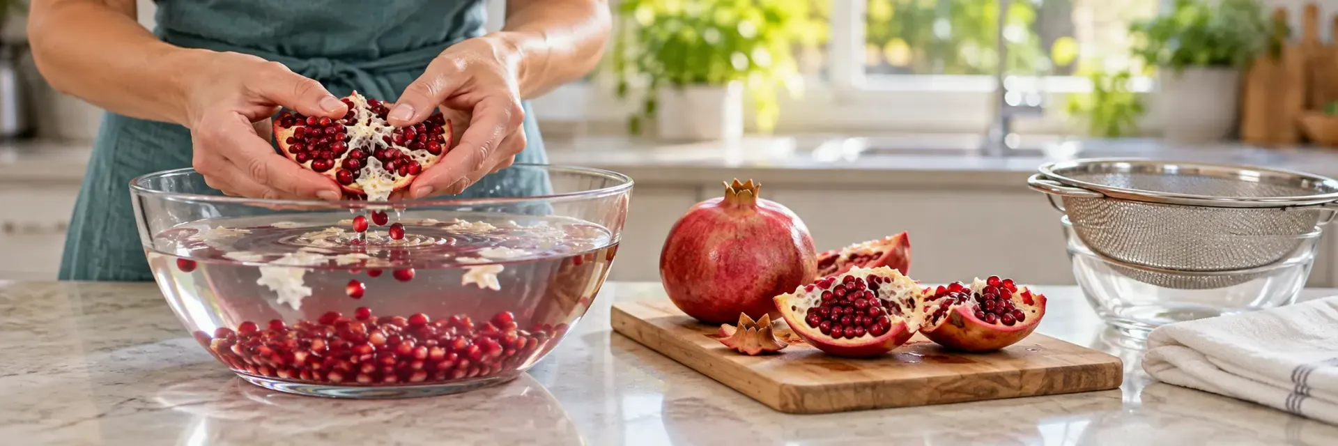 Hands separating pomegranate seeds in a bowl of water