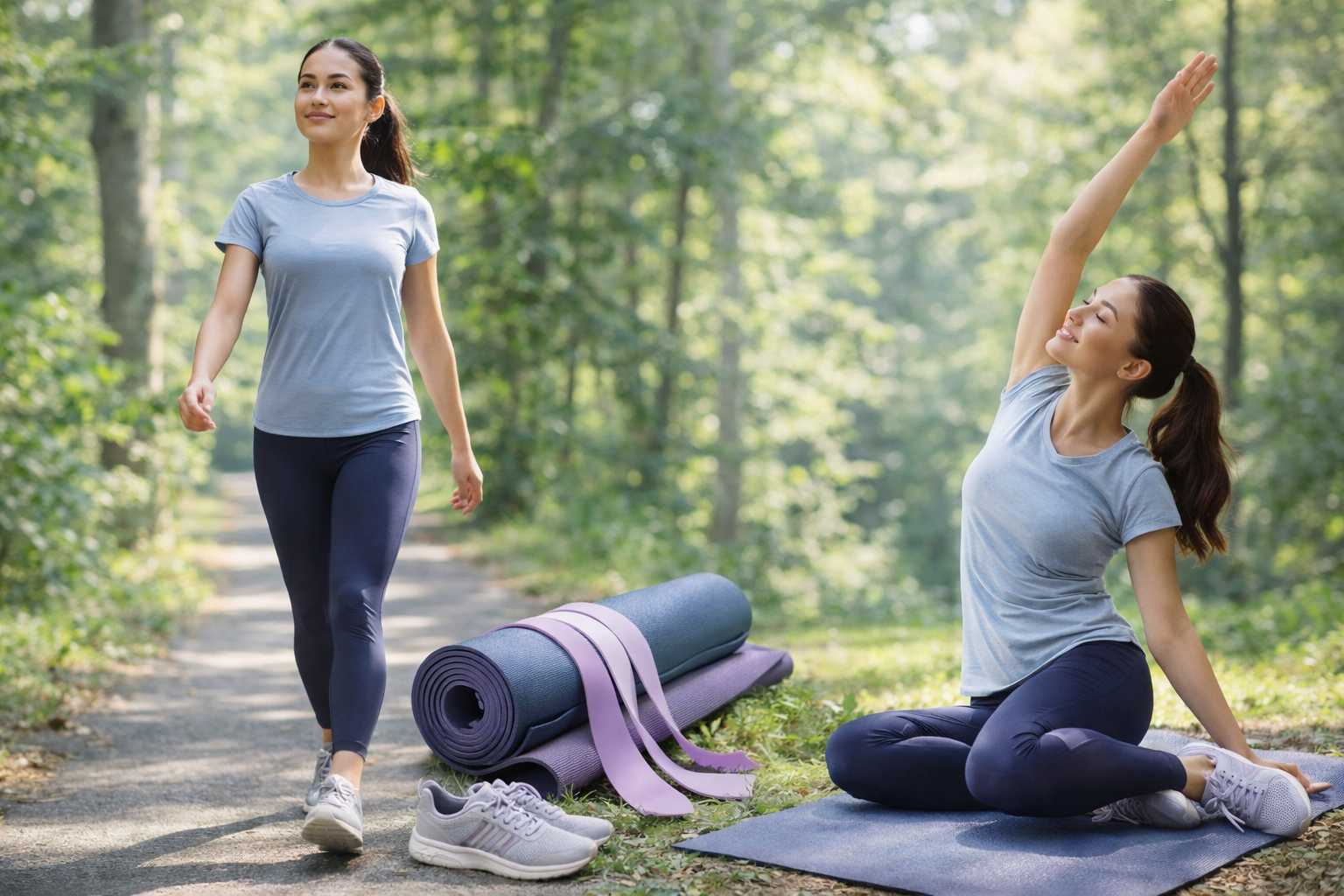Woman exercising outdoors on a forest trail beside a yoga mat, towel, and shoes