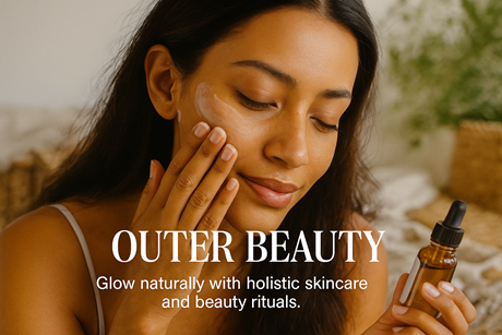 Woman applying skincare serum with text “OUTER BEAUTY” and “Glow naturally with holistic skincare and beauty rituals.”