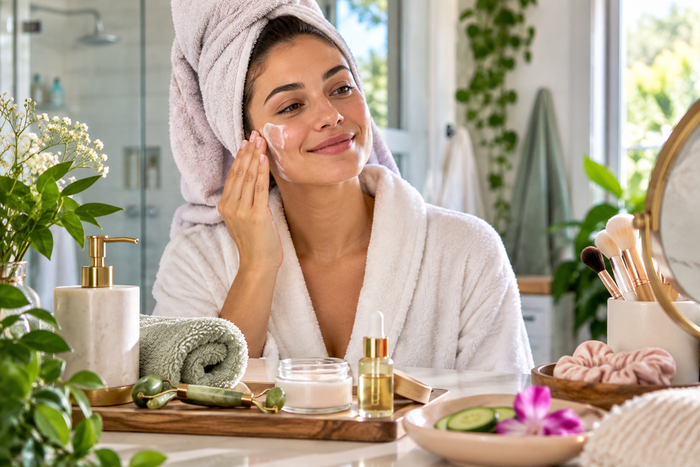 a natural skincare and self-care routine with moisturizer and beauty tools for healthy-looking skin.