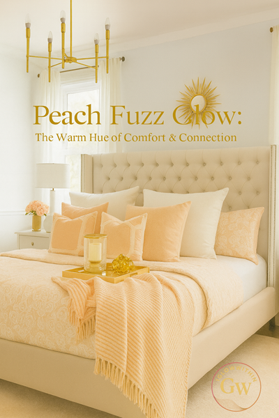 Soft peach bedroom with tufted bed, pillows, and gold accents, captioned “Peach Fuzz Glow”