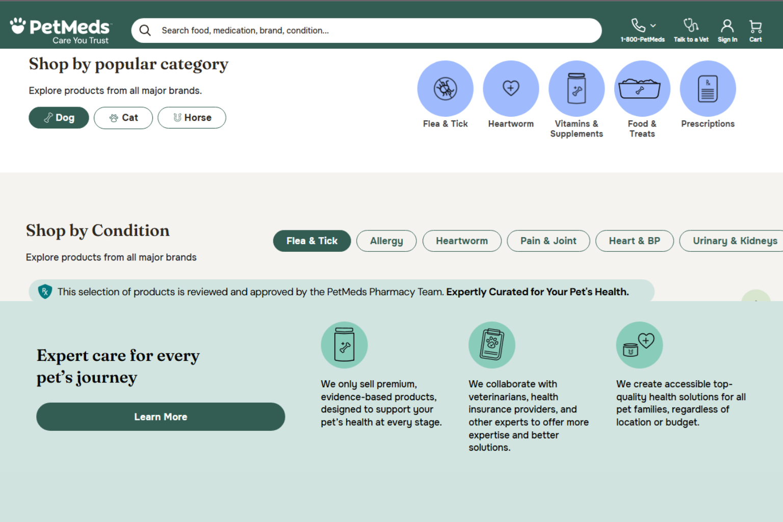 PetMeds homepage with category icons and “Expert care for every pet journey” banner on a green background