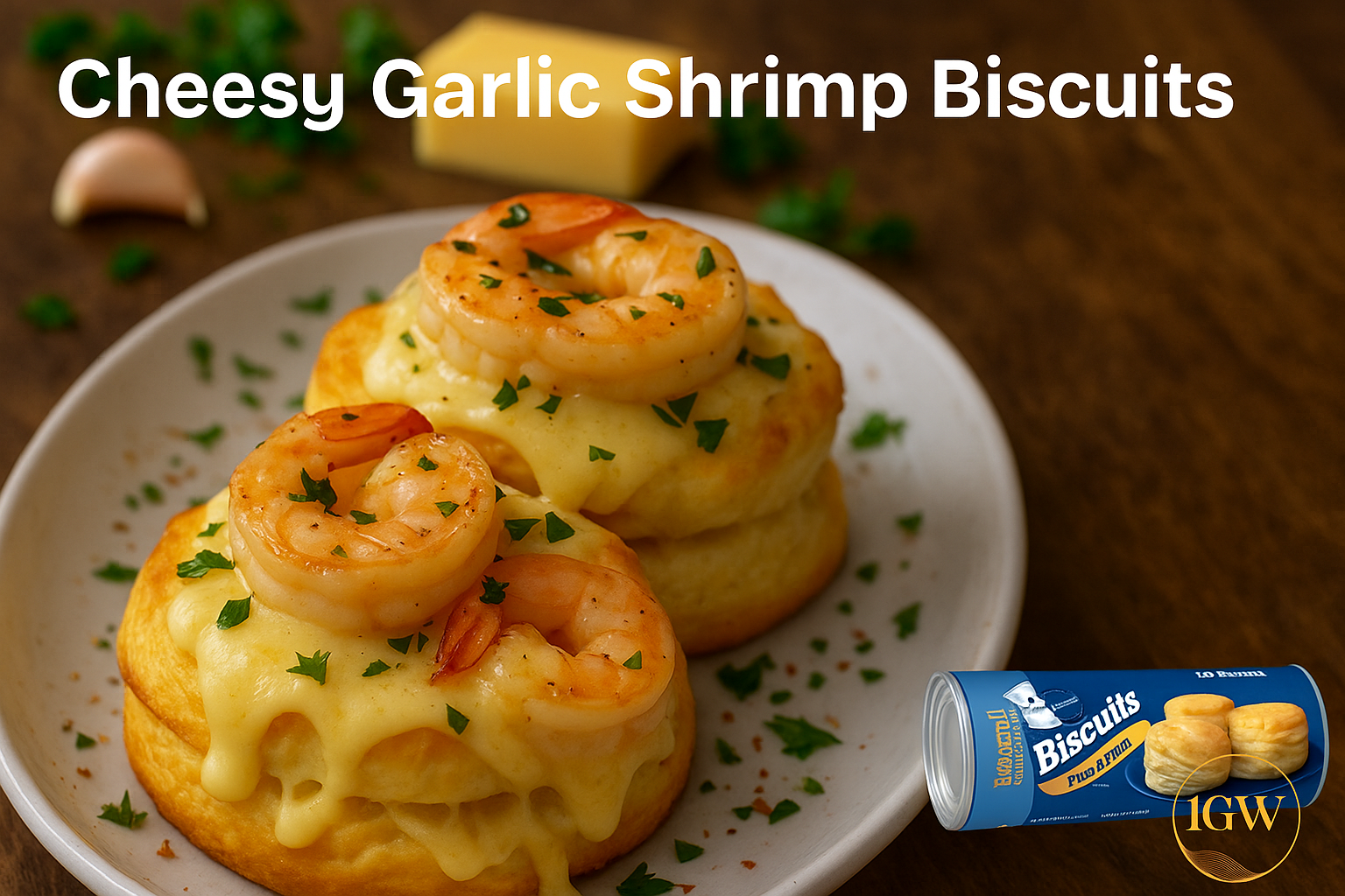 Cheesy garlic shrimp biscuits made with Pillsbury flaky layers, topped with melted cheese, shrimp, and parsley on a white plate.