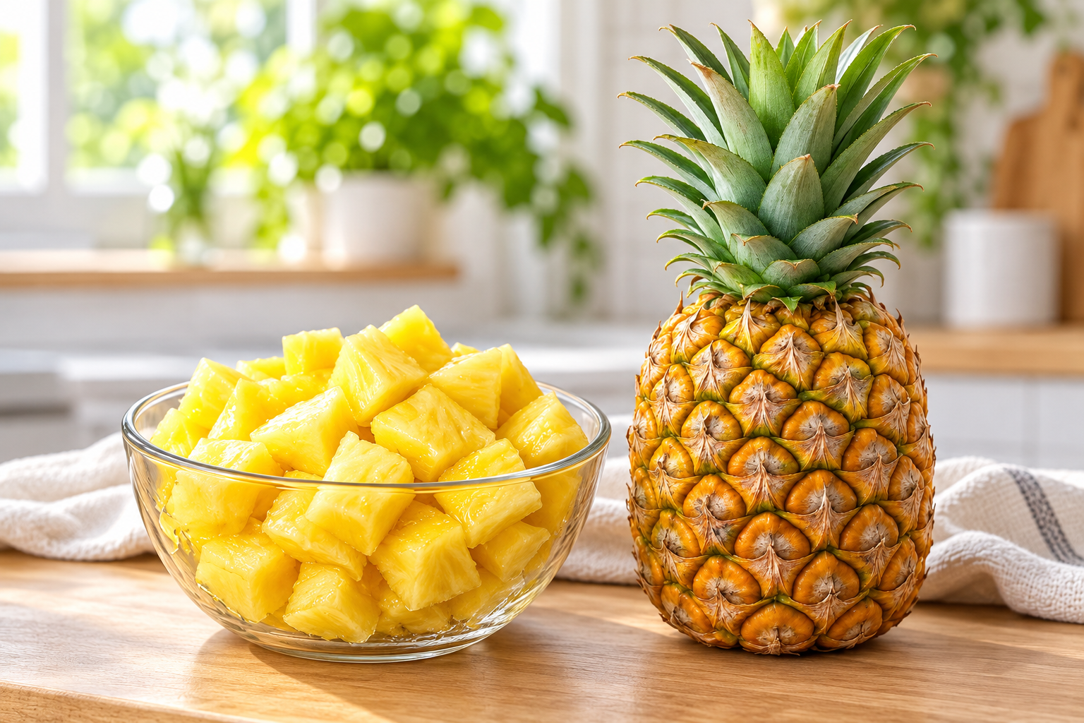 Fresh pineapple and a bowl of pineapple chunks