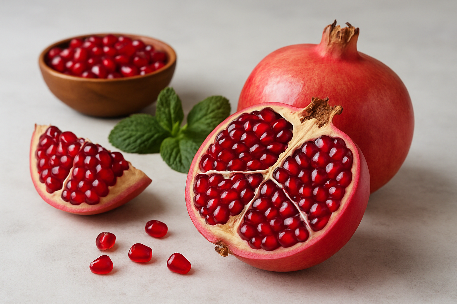 Pomegranates with vibrant red seeds and a whole fruit, plus seeds in a wooden bowl, on a light surface.