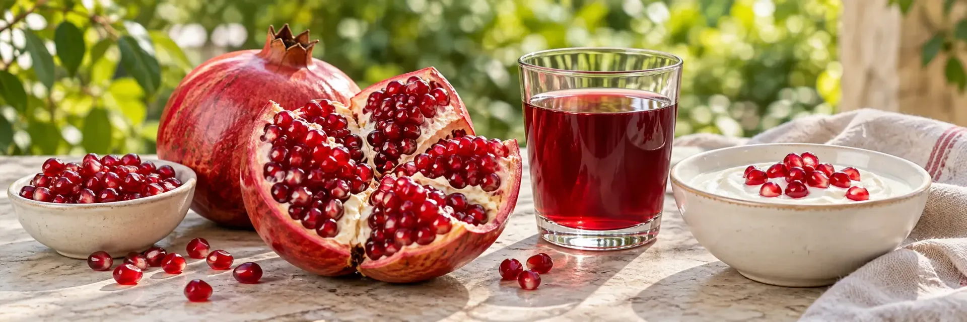 Fresh pomegranate, seeds, juice and yogurt bowl on a sunny table