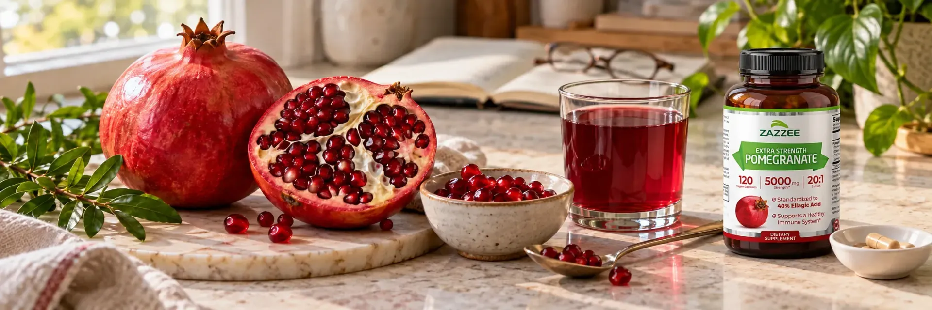 Fresh pomegranate, juice and Zazzee pomegranate extract capsules