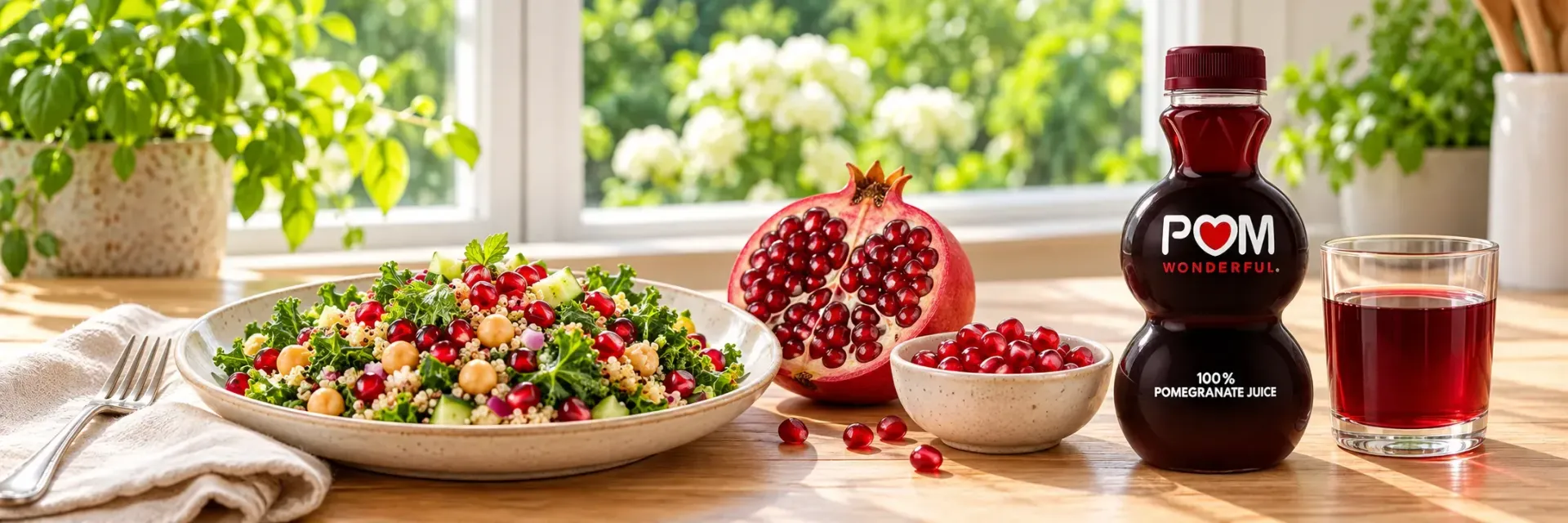 Kale quinoa salad with pomegranate seeds and POM Wonderful juice