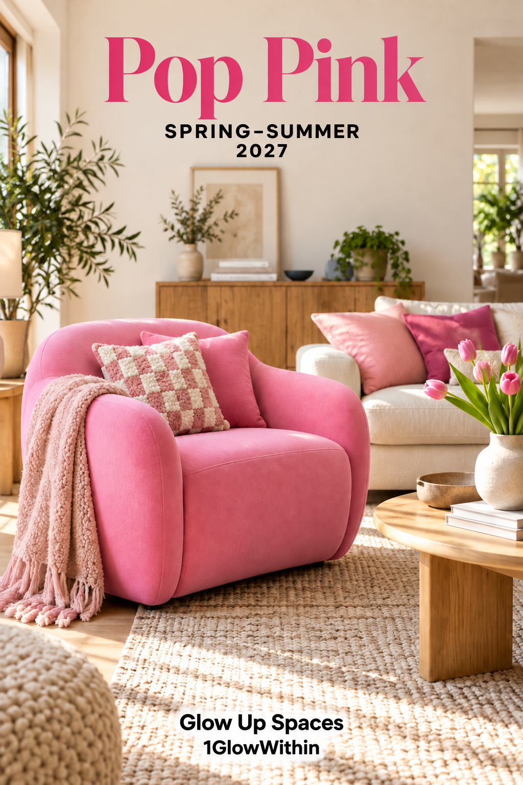 Living space with pop pink furnishings, wood and cream accents