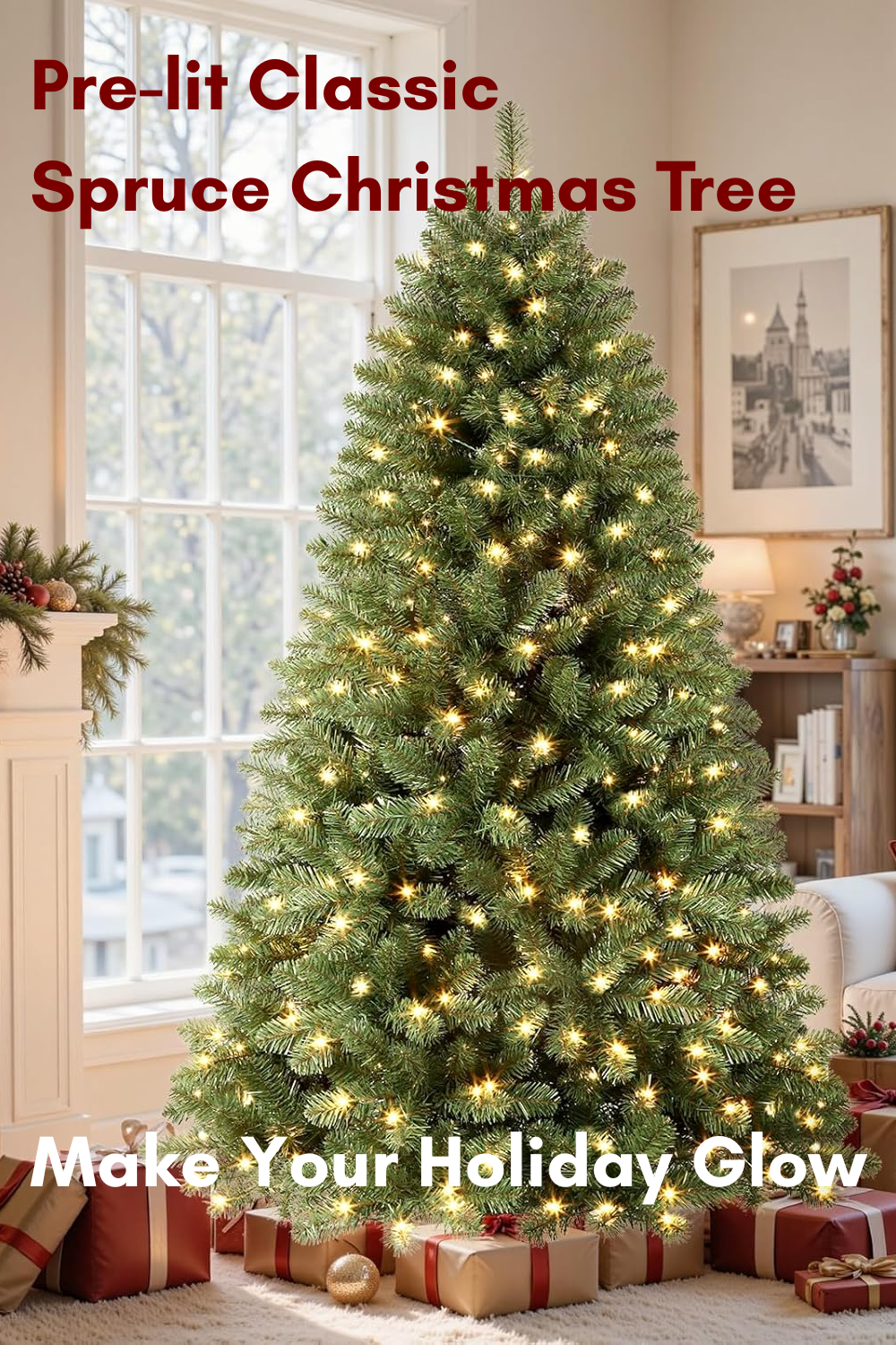 Pre-lit classic spruce Christmas tree glowing in a cozy living room with wrapped gifts underneath