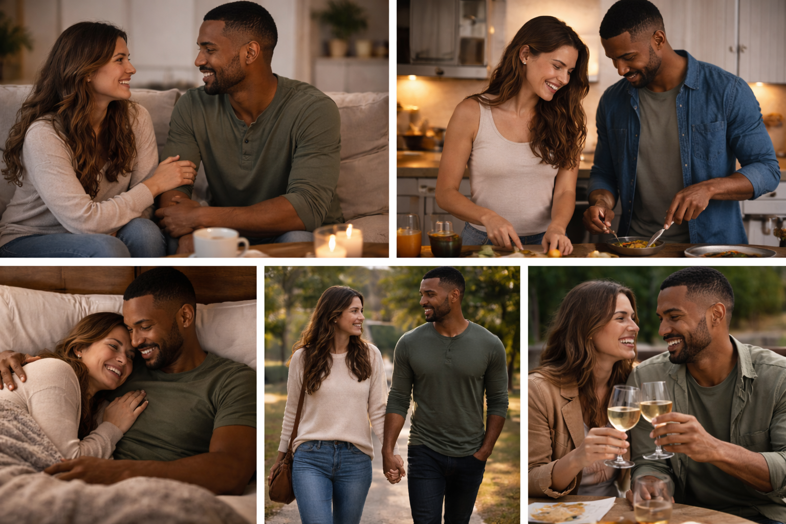 Couple sharing drinks and laughing together in a cozy home setting