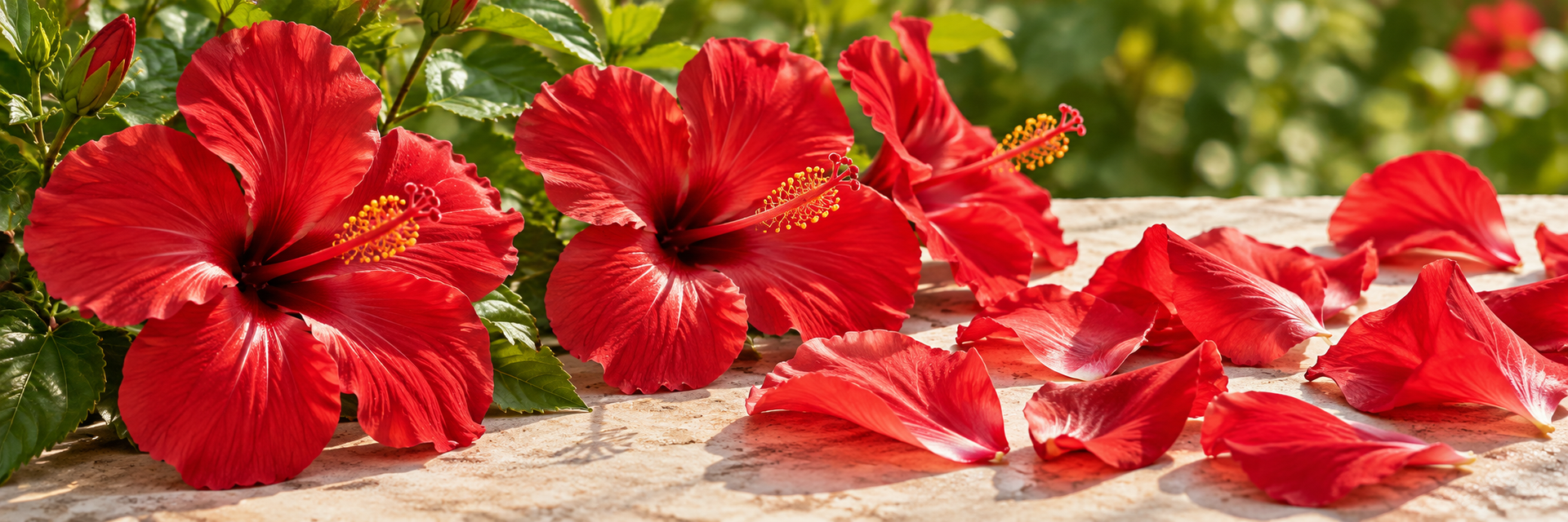 red hibiscus flowers and fresh petals