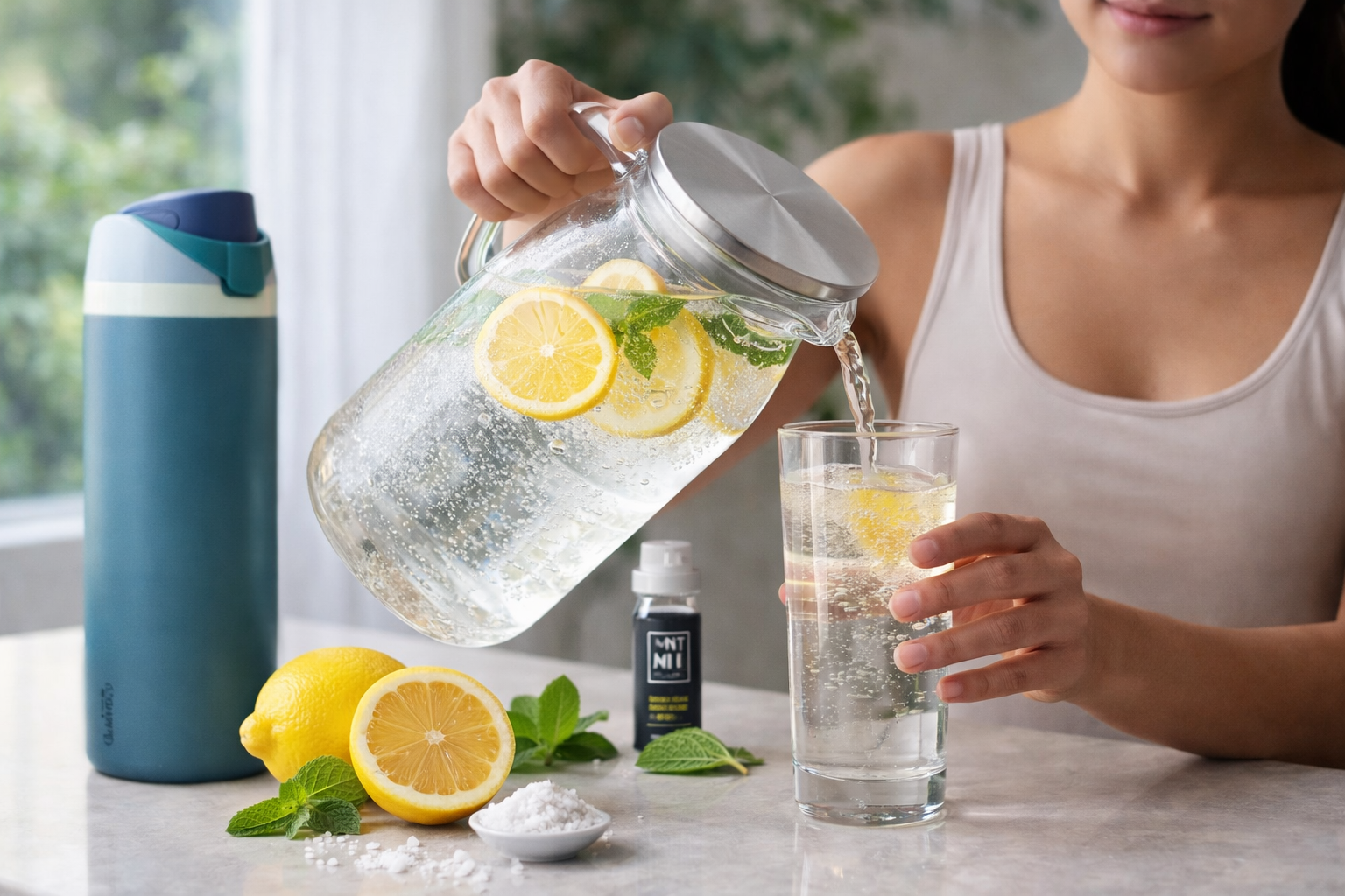 Person pouring lemon-infused water into a glass beside lemons and a blue cooler on a kitchen counter