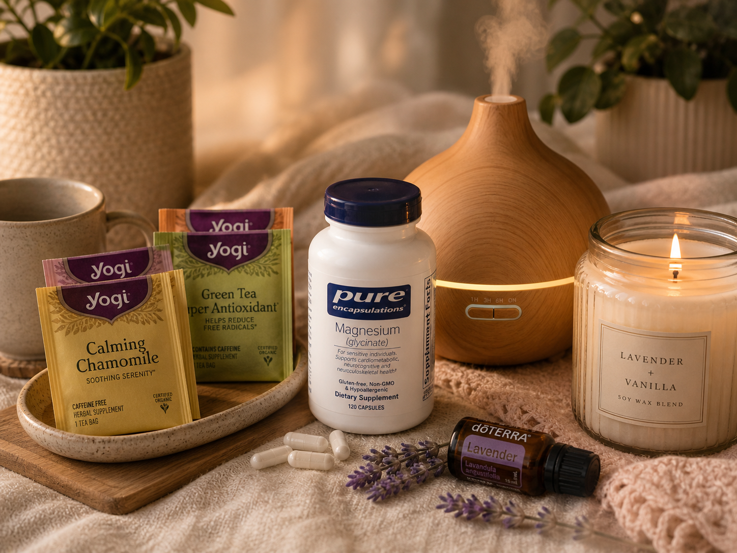 Spa still life with herbal supplement bottles, candle, lavender, and diffuser on a woven tray
